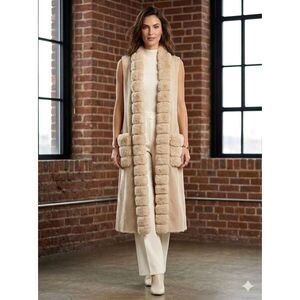 Penny Lane Faux Fur Duster Open Cardigan Wn M Beige Pockets Boho Old Money Y2K